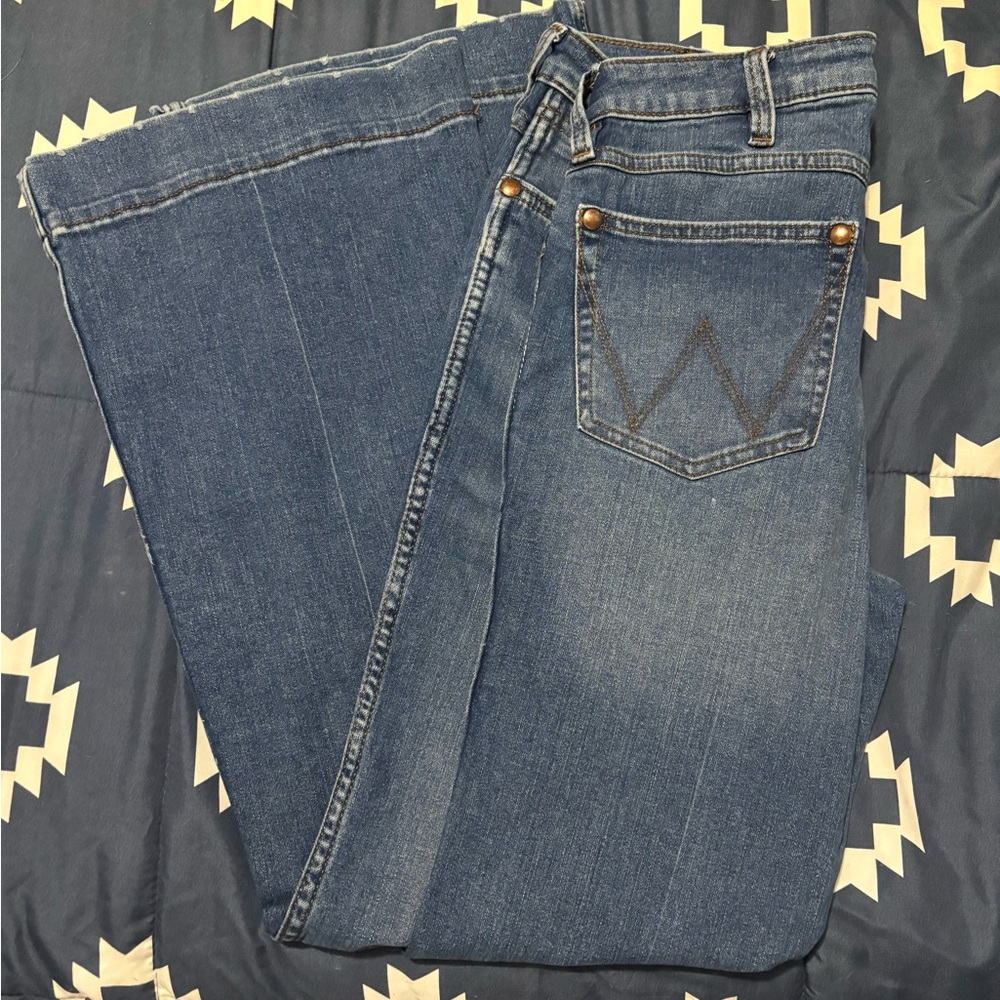 Dark Wash Wrangler Trousers.